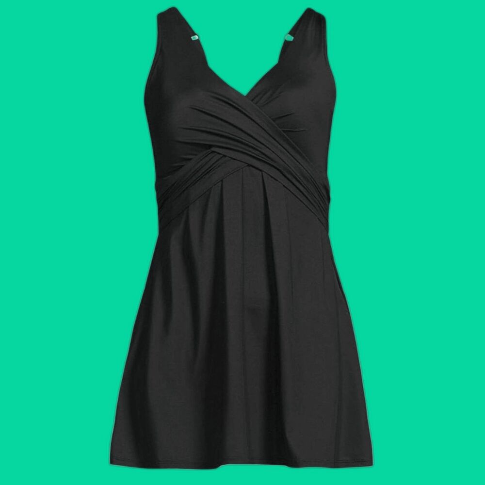 NWT Lands' End SlenderSuit V-neck Wrap Swim Dress One Piece Swimsuit Size 14